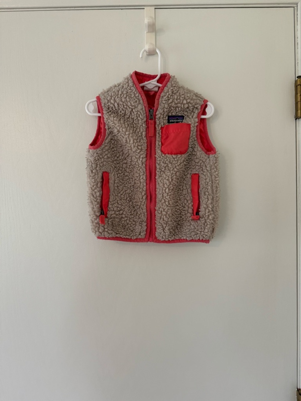 Patagonia Toddler Girls Sherpa Vest in Tan with Coral Accents